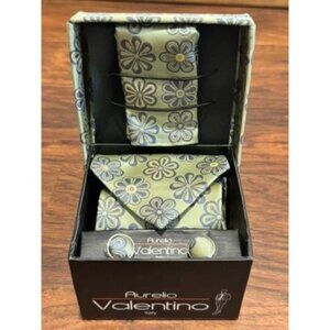 VTG New Aurelio Valentino Floral Tie Set W/ Cufflinks & Pocket Square Fancy Box